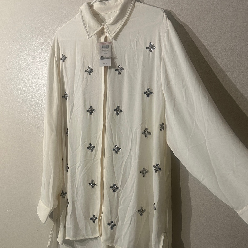 Chicos Womens Tunic Top Blouse Sz 4 Ivory Beaded Curved Sides Long Sleeve NWT - Picture 4 of 5